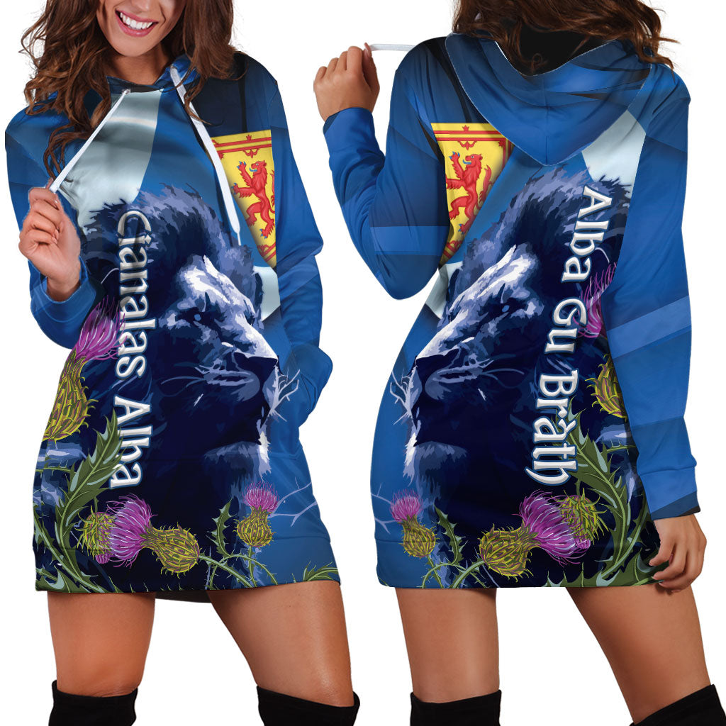 Cianalas Alba Scotland Hoodie Dress Scottish Lion and Thistle Blue Version