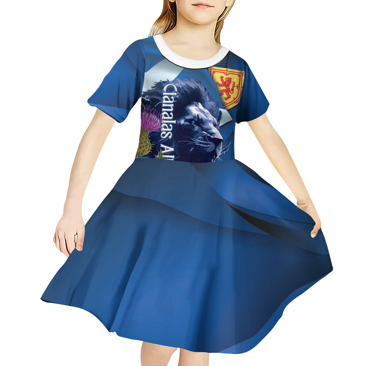 Cianalas Alba Scotland Kid Short Sleeve Dress Scottish Lion and Thistle Blue Version