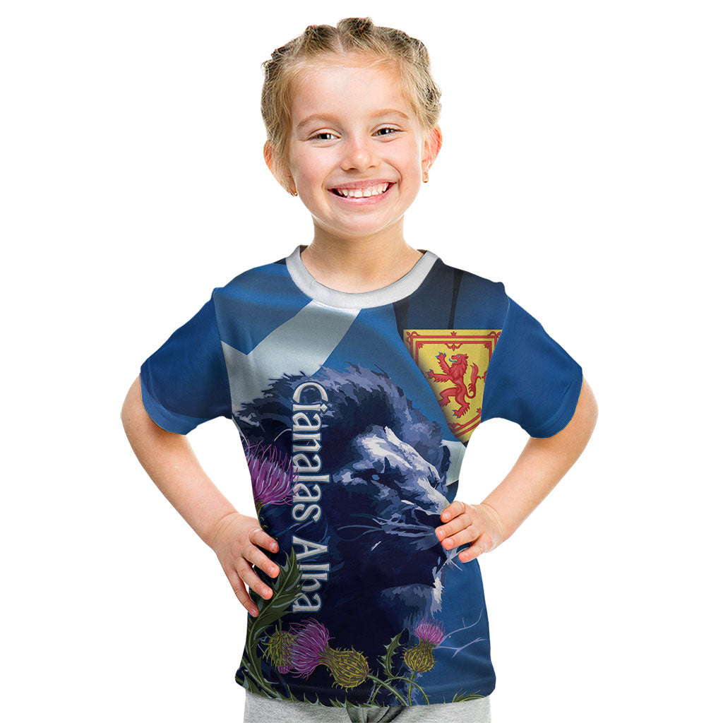 Cianalas Alba Scotland Kid T Shirt Scottish Lion and Thistle Blue Version