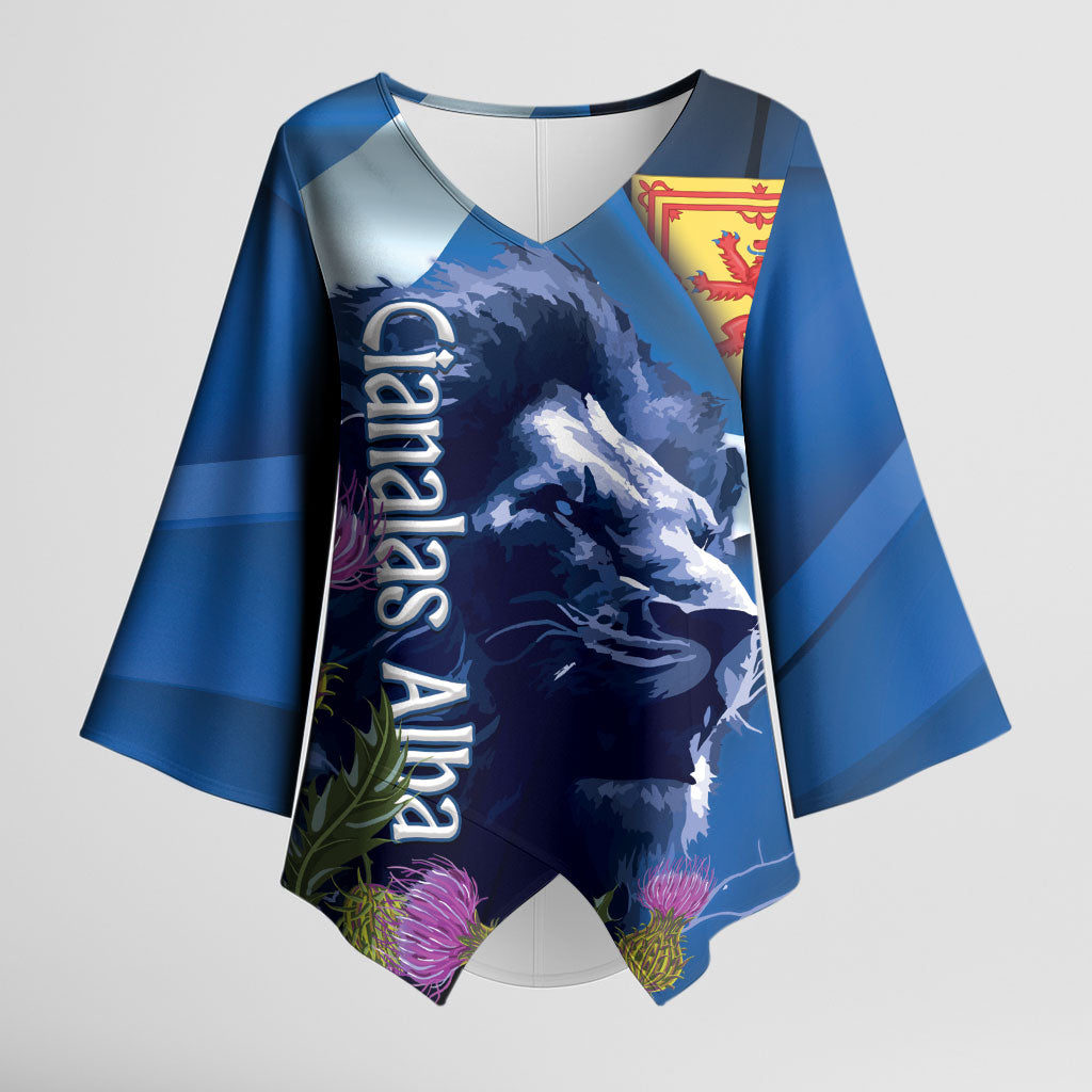 Cianalas Alba Scotland Kimono Sleeve Blouse Scottish Lion and Thistle Blue Version