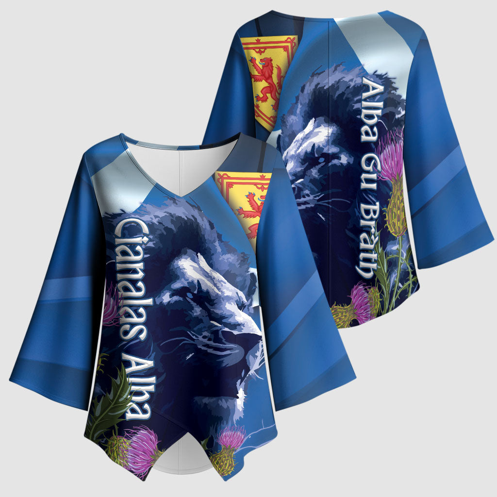 Cianalas Alba Scotland Kimono Sleeve Blouse Scottish Lion and Thistle Blue Version