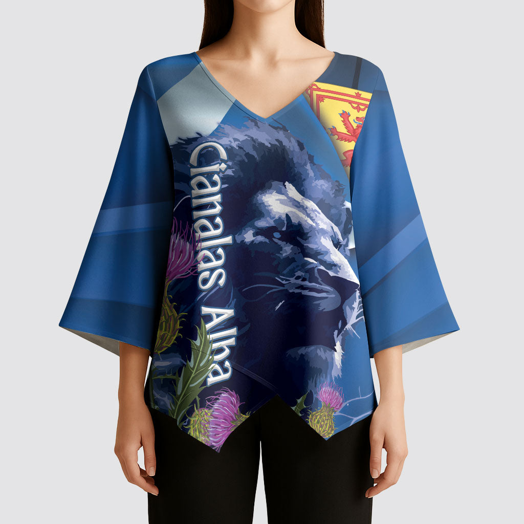 Cianalas Alba Scotland Kimono Sleeve Blouse Scottish Lion and Thistle Blue Version