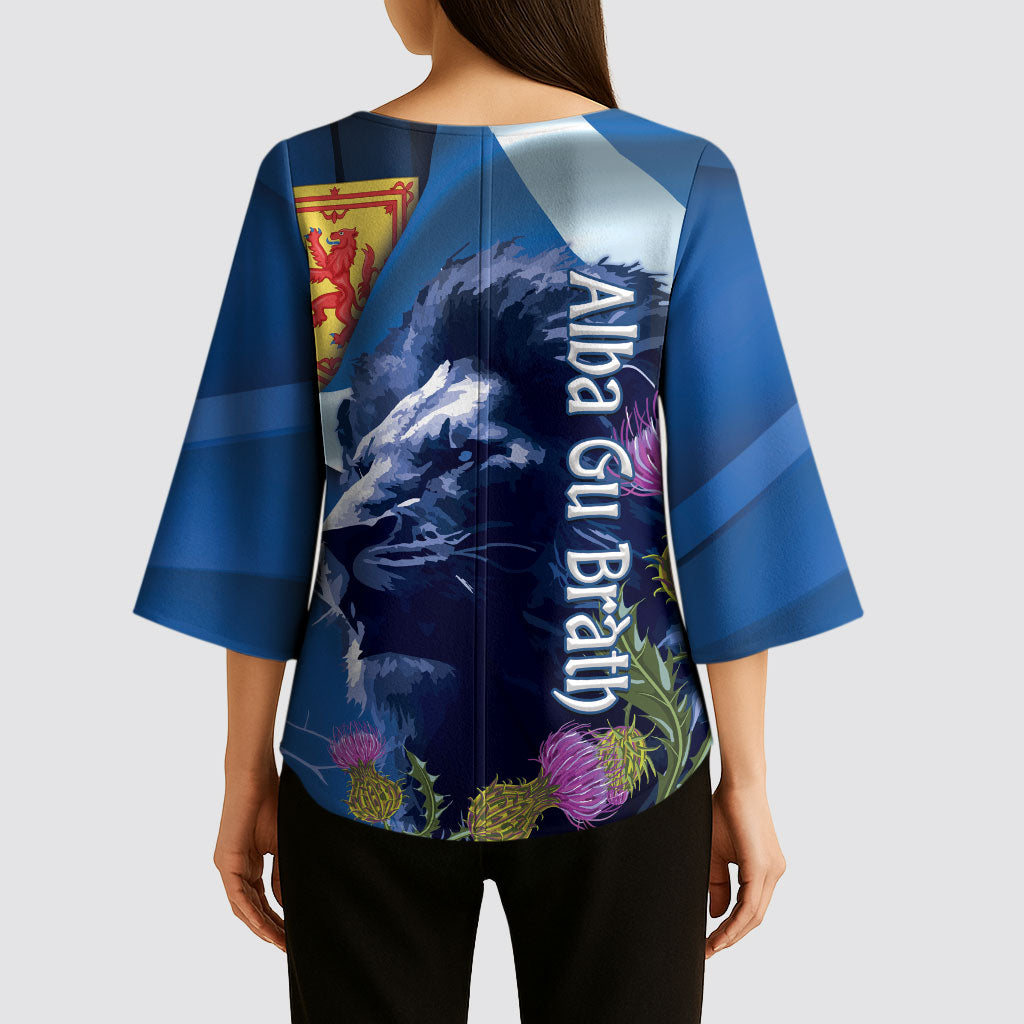 Cianalas Alba Scotland Kimono Sleeve Blouse Scottish Lion and Thistle Blue Version