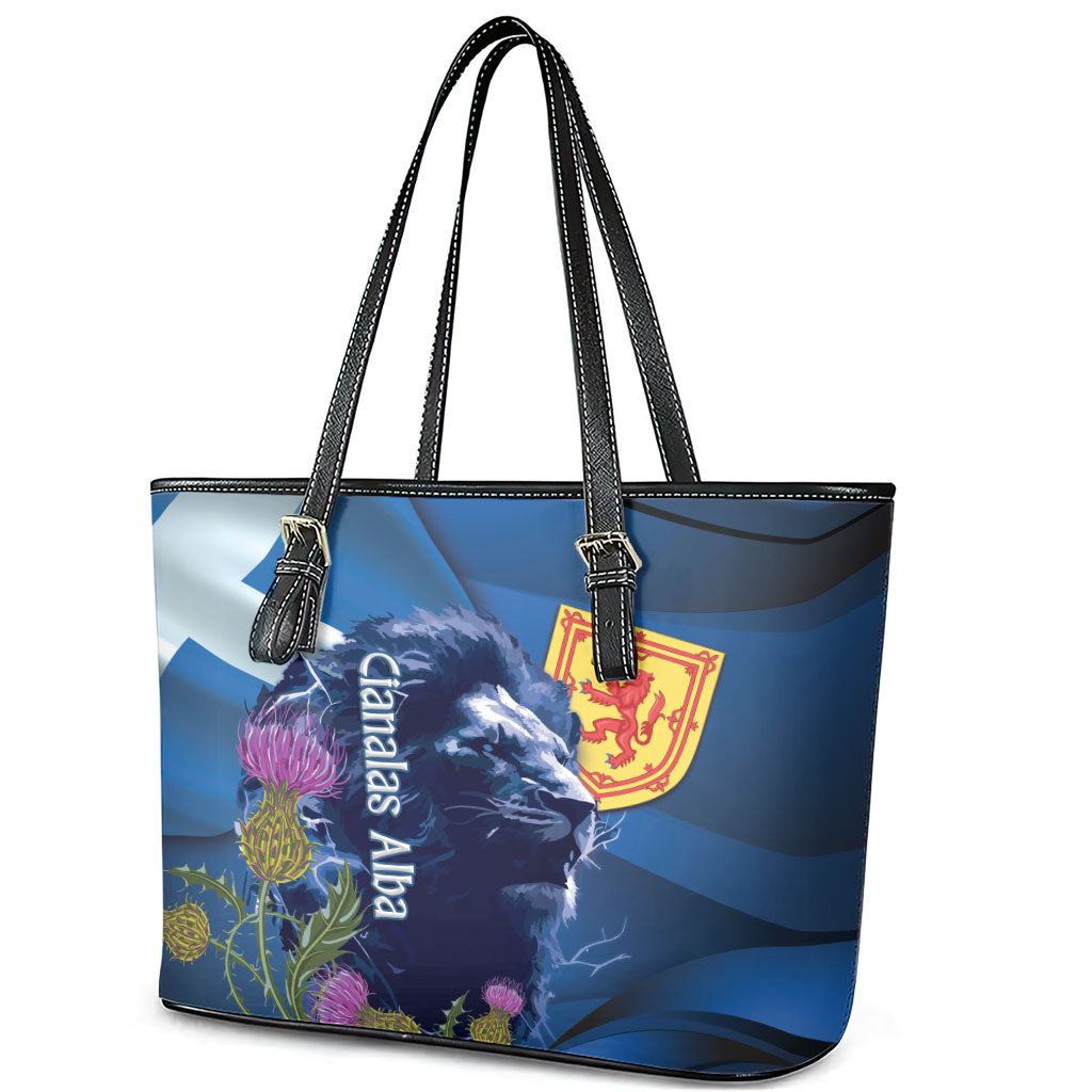 Cianalas Alba Scotland Leather Tote Bag Scottish Lion and Thistle Blue Version