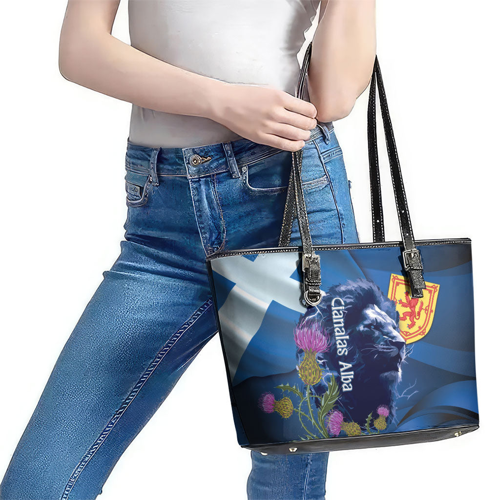 Cianalas Alba Scotland Leather Tote Bag Scottish Lion and Thistle Blue Version