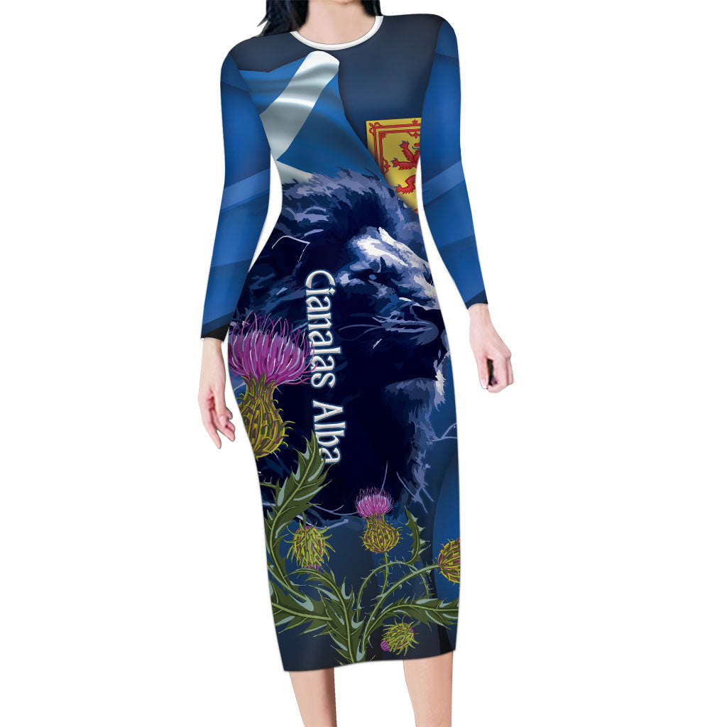Cianalas Alba Scotland Long Sleeve Bodycon Dress Scottish Lion and Thistle Blue Version