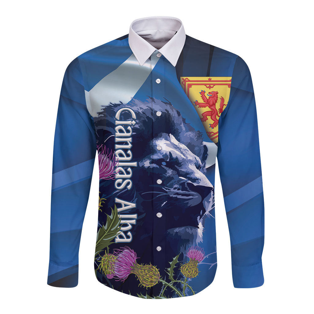Cianalas Alba Scotland Long Sleeve Button Shirt Scottish Lion and Thistle Blue Version