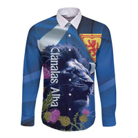 Cianalas Alba Scotland Long Sleeve Button Shirt Scottish Lion and Thistle Blue Version