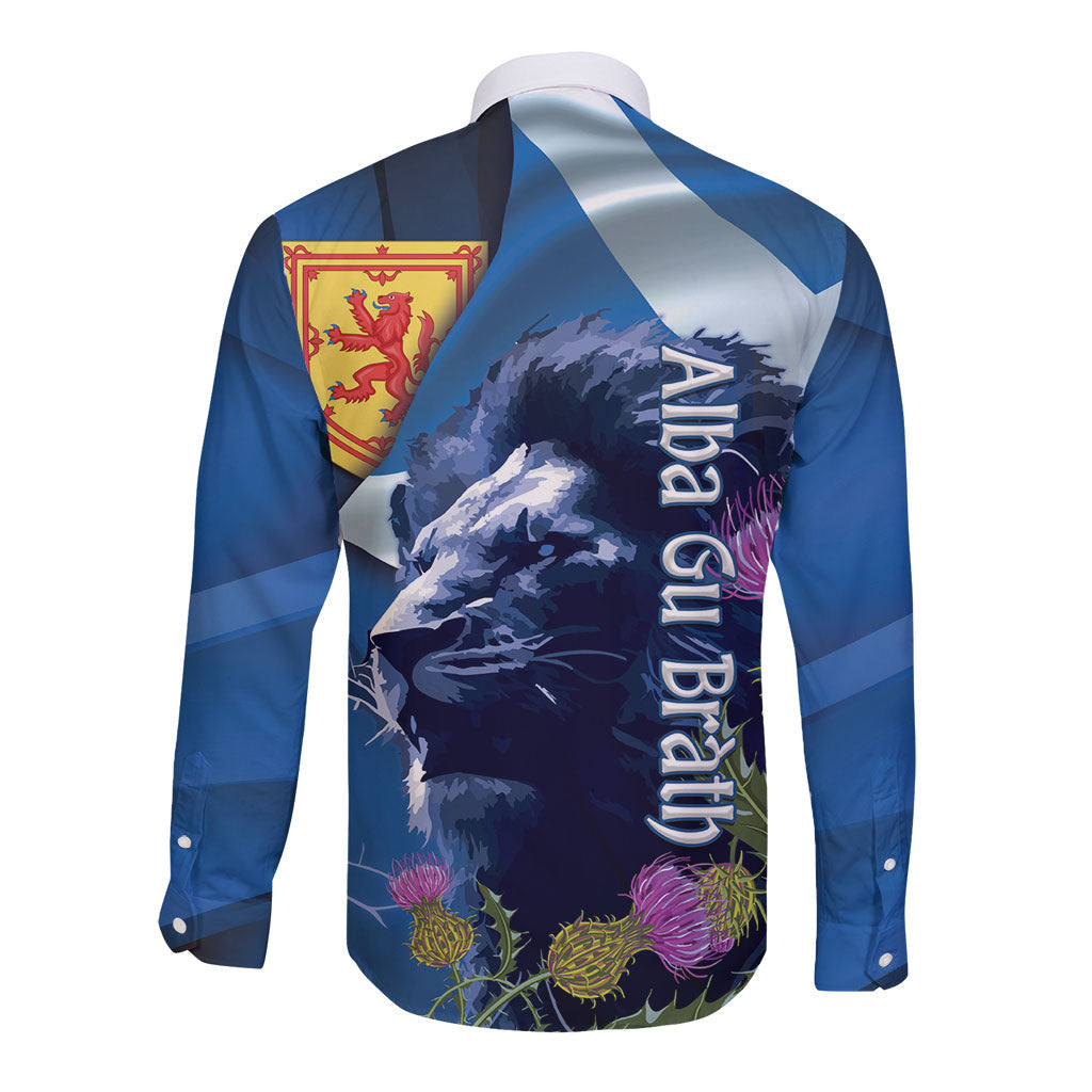 Cianalas Alba Scotland Long Sleeve Button Shirt Scottish Lion and Thistle Blue Version