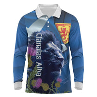 Cianalas Alba Scotland Long Sleeve Polo Shirt Scottish Lion and Thistle Blue Version