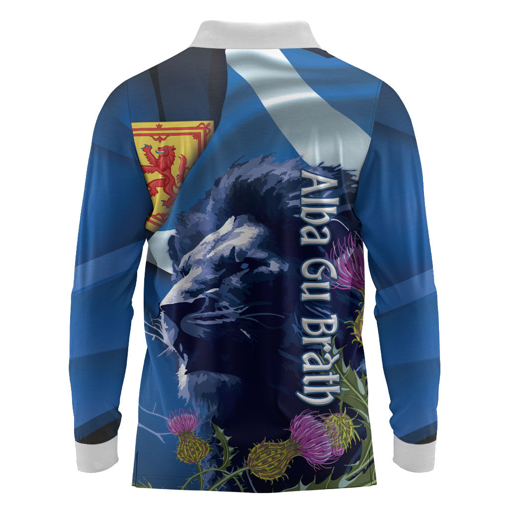 Cianalas Alba Scotland Long Sleeve Polo Shirt Scottish Lion and Thistle Blue Version