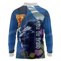 Cianalas Alba Scotland Long Sleeve Polo Shirt Scottish Lion and Thistle Blue Version