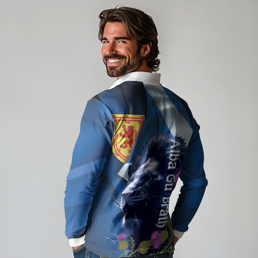 Cianalas Alba Scotland Long Sleeve Polo Shirt Scottish Lion and Thistle Blue Version
