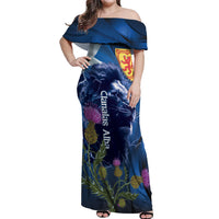 Cianalas Alba Scotland Off Shoulder Maxi Dress Scottish Lion and Thistle Blue Version