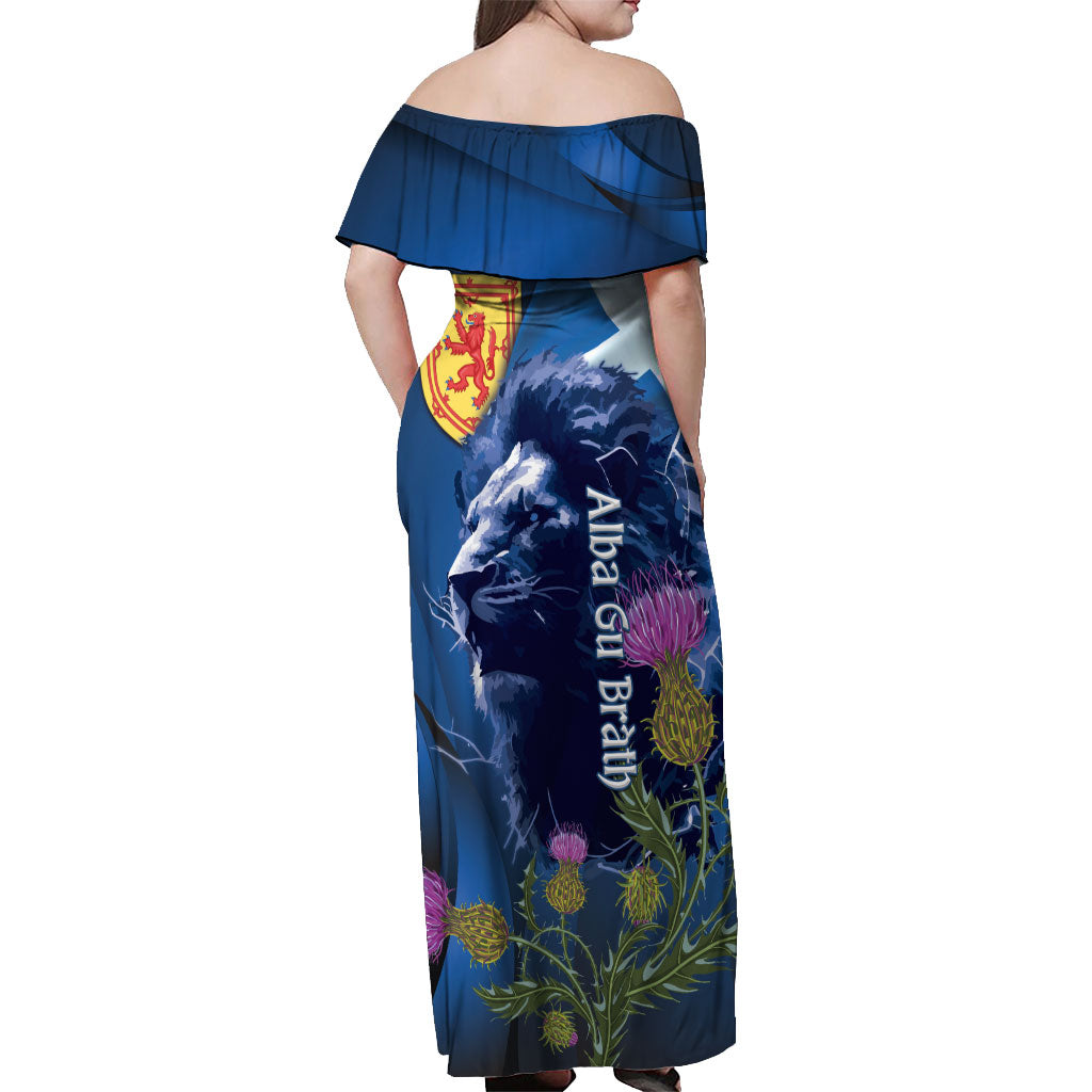 Cianalas Alba Scotland Off Shoulder Maxi Dress Scottish Lion and Thistle Blue Version