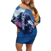 Cianalas Alba Scotland Off Shoulder Short Dress Scottish Lion and Thistle Blue Version