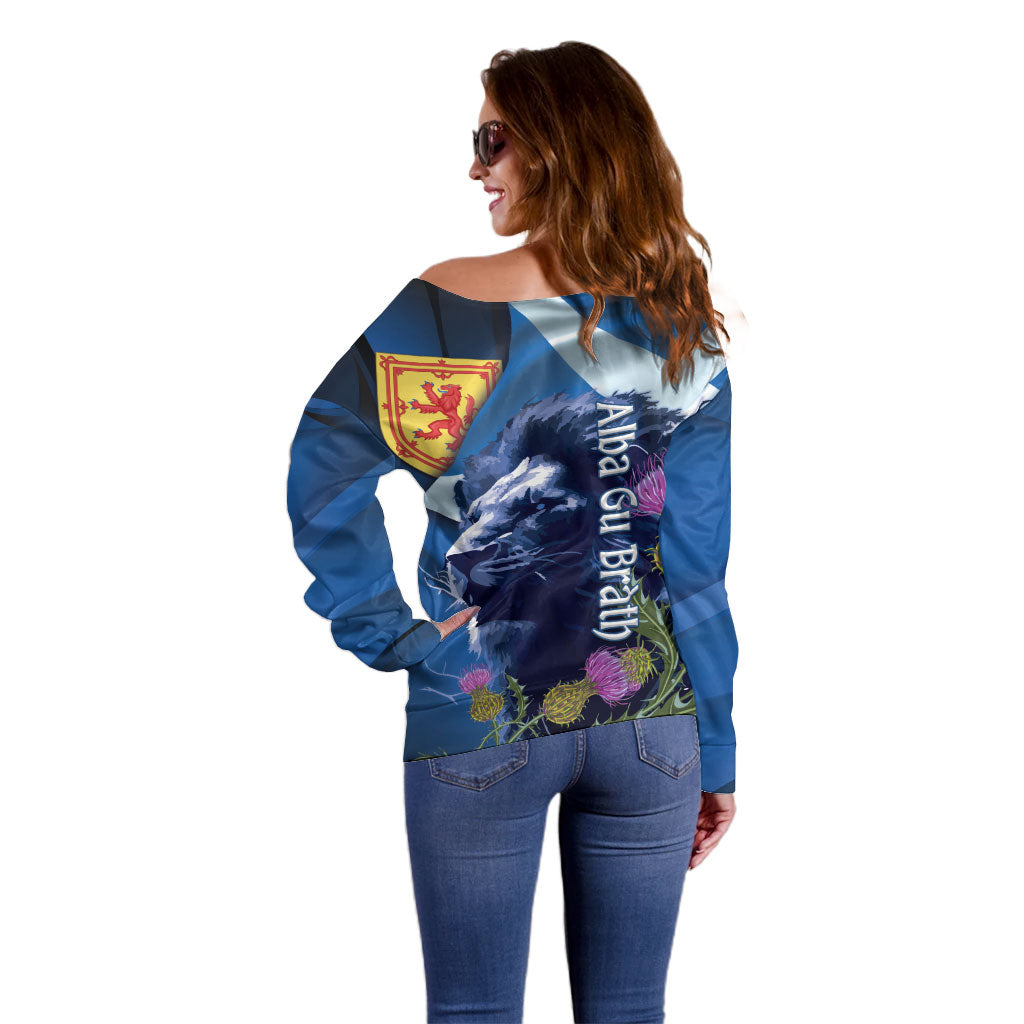 Cianalas Alba Scotland Off Shoulder Sweater Scottish Lion and Thistle Blue Version