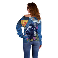 Cianalas Alba Scotland Off Shoulder Sweater Scottish Lion and Thistle Blue Version