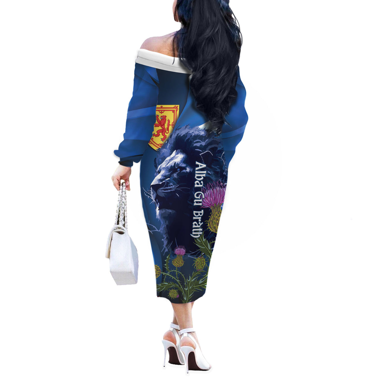 Cianalas Alba Scotland Off The Shoulder Long Sleeve Dress Scottish Lion and Thistle Blue Version