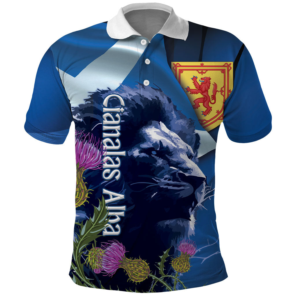 Cianalas Alba Scotland Polo Shirt Scottish Lion and Thistle Blue Version
