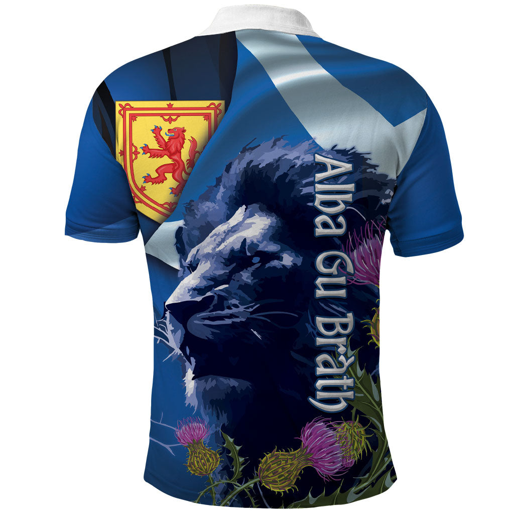 Cianalas Alba Scotland Polo Shirt Scottish Lion and Thistle Blue Version