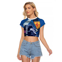 Cianalas Alba Scotland Raglan Cropped T Shirt Scottish Lion and Thistle Blue Version