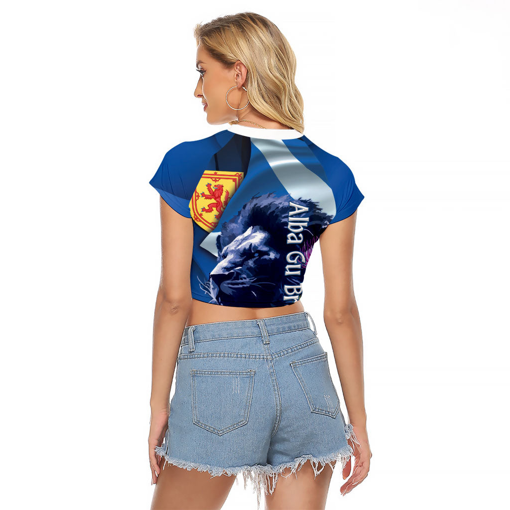 Cianalas Alba Scotland Raglan Cropped T Shirt Scottish Lion and Thistle Blue Version