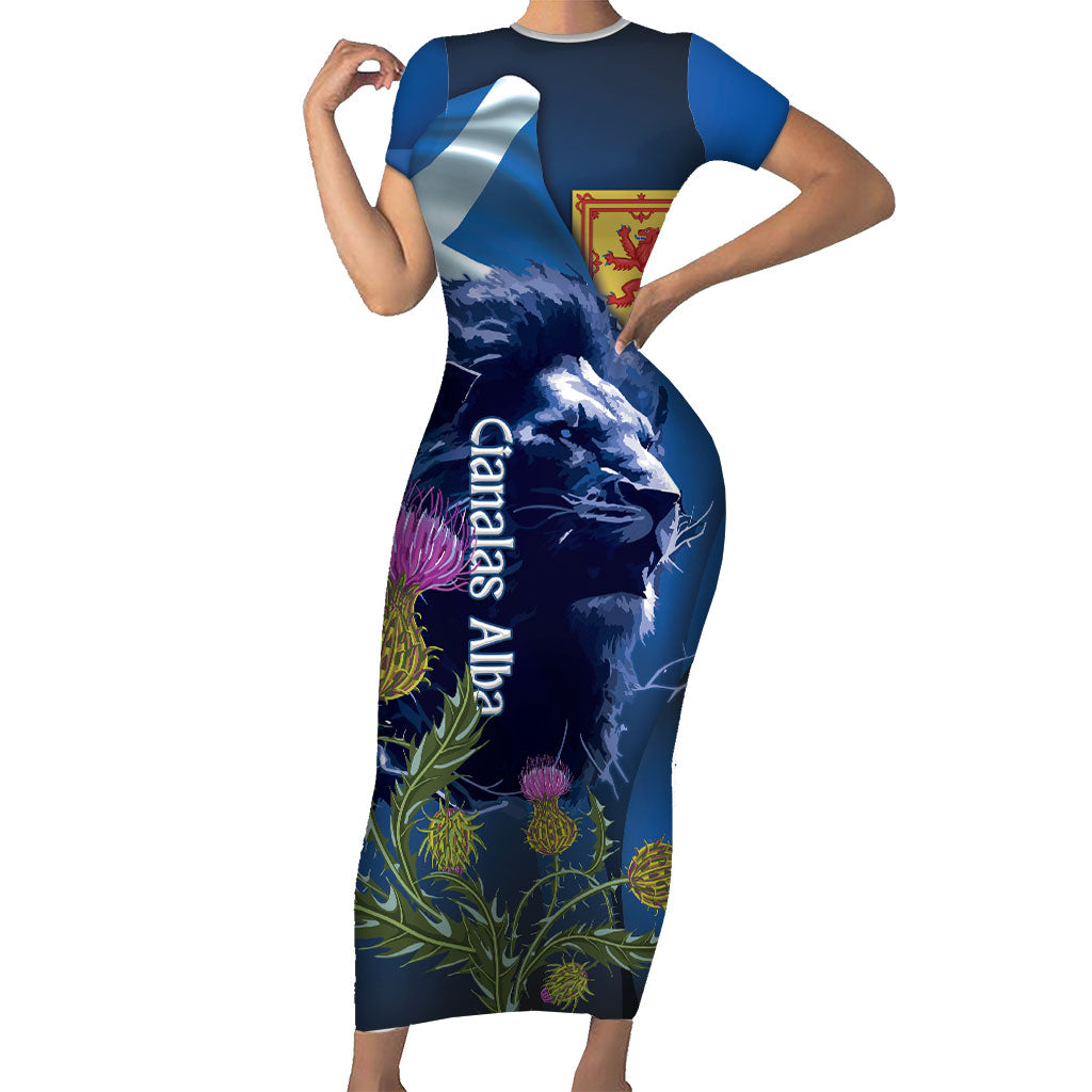 Cianalas Alba Scotland Short Sleeve Bodycon Dress Scottish Lion and Thistle Blue Version