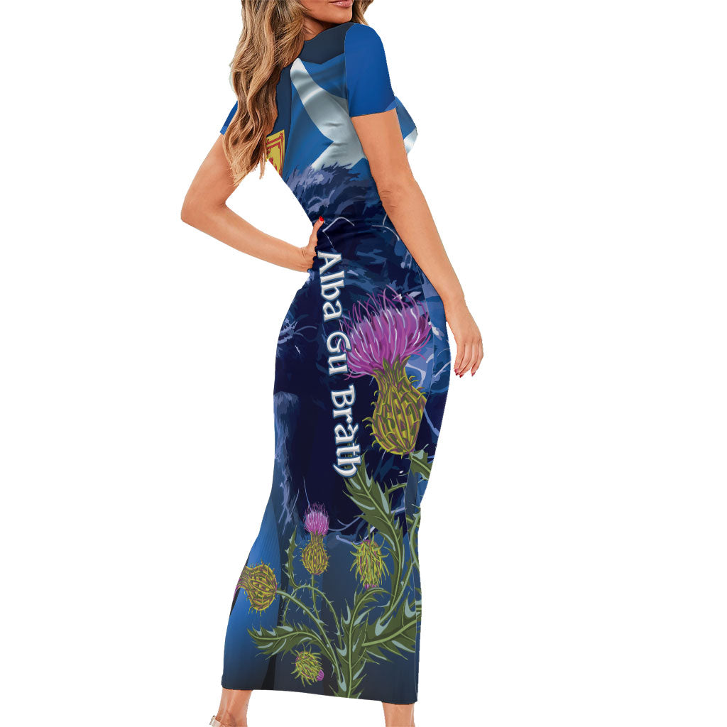 Cianalas Alba Scotland Short Sleeve Bodycon Dress Scottish Lion and Thistle Blue Version