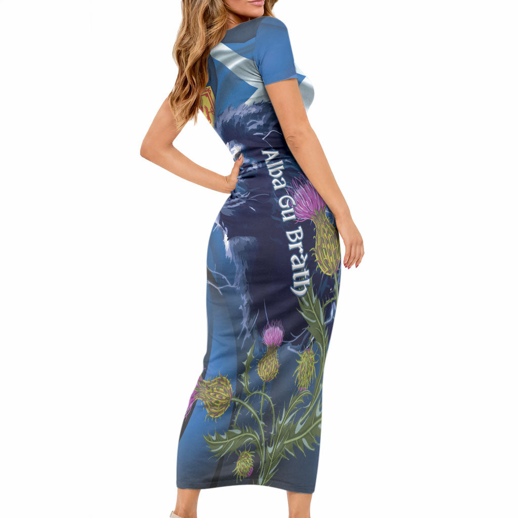 Cianalas Alba Scotland Short Sleeve Bodycon Dress Scottish Lion and Thistle Blue Version LT14