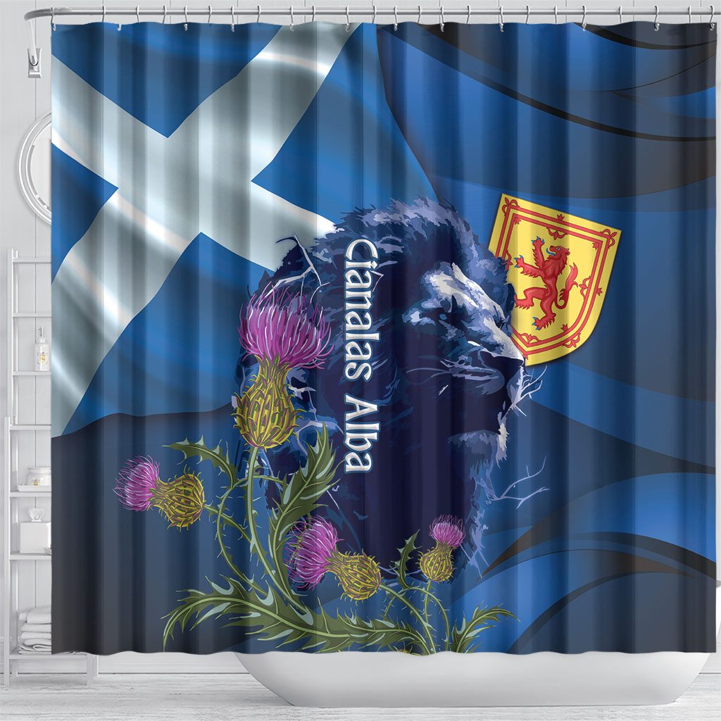 Cianalas Alba Scotland Shower Curtain Scottish Lion and Thistle Blue Version