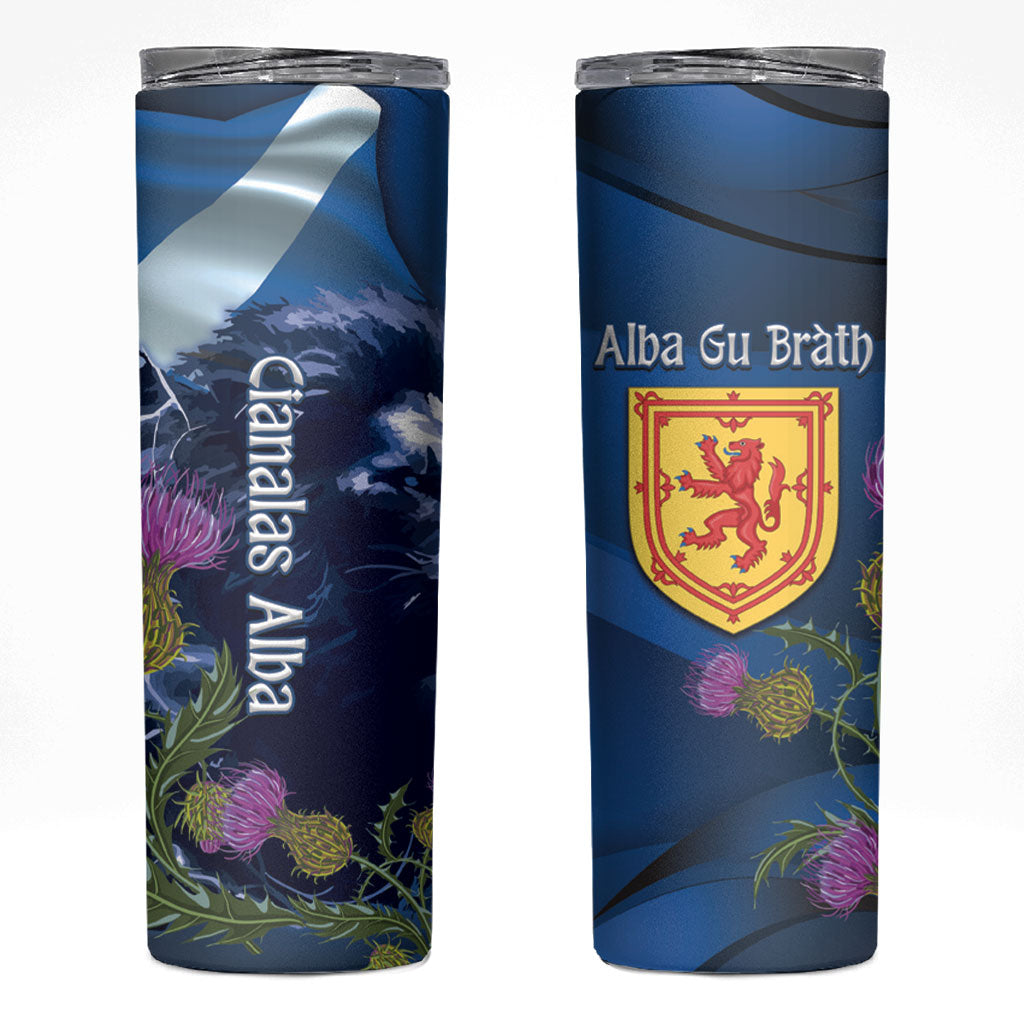 Cianalas Alba Scotland Skinny Tumbler Scottish Lion and Thistle Blue Version