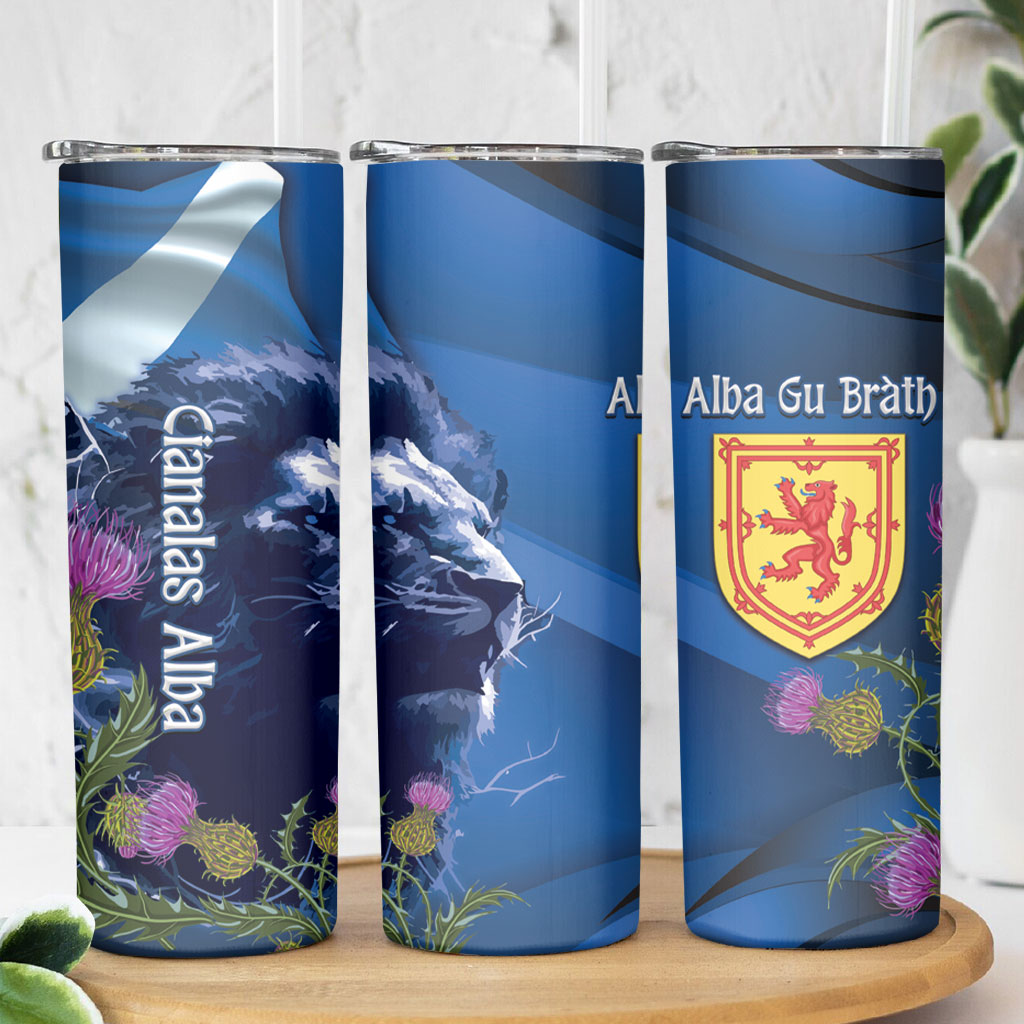 Cianalas Alba Scotland Skinny Tumbler Scottish Lion and Thistle Blue Version