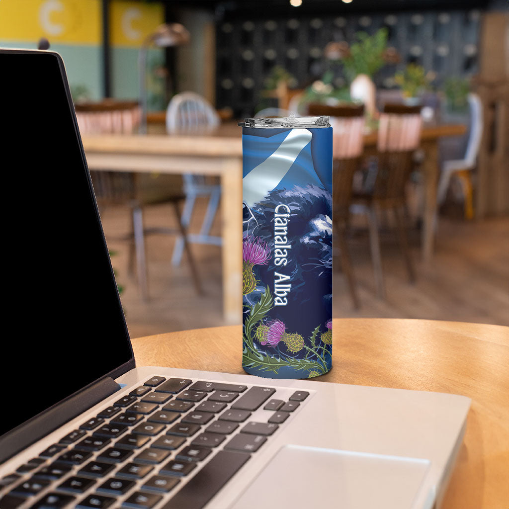 Cianalas Alba Scotland Skinny Tumbler Scottish Lion and Thistle Blue Version