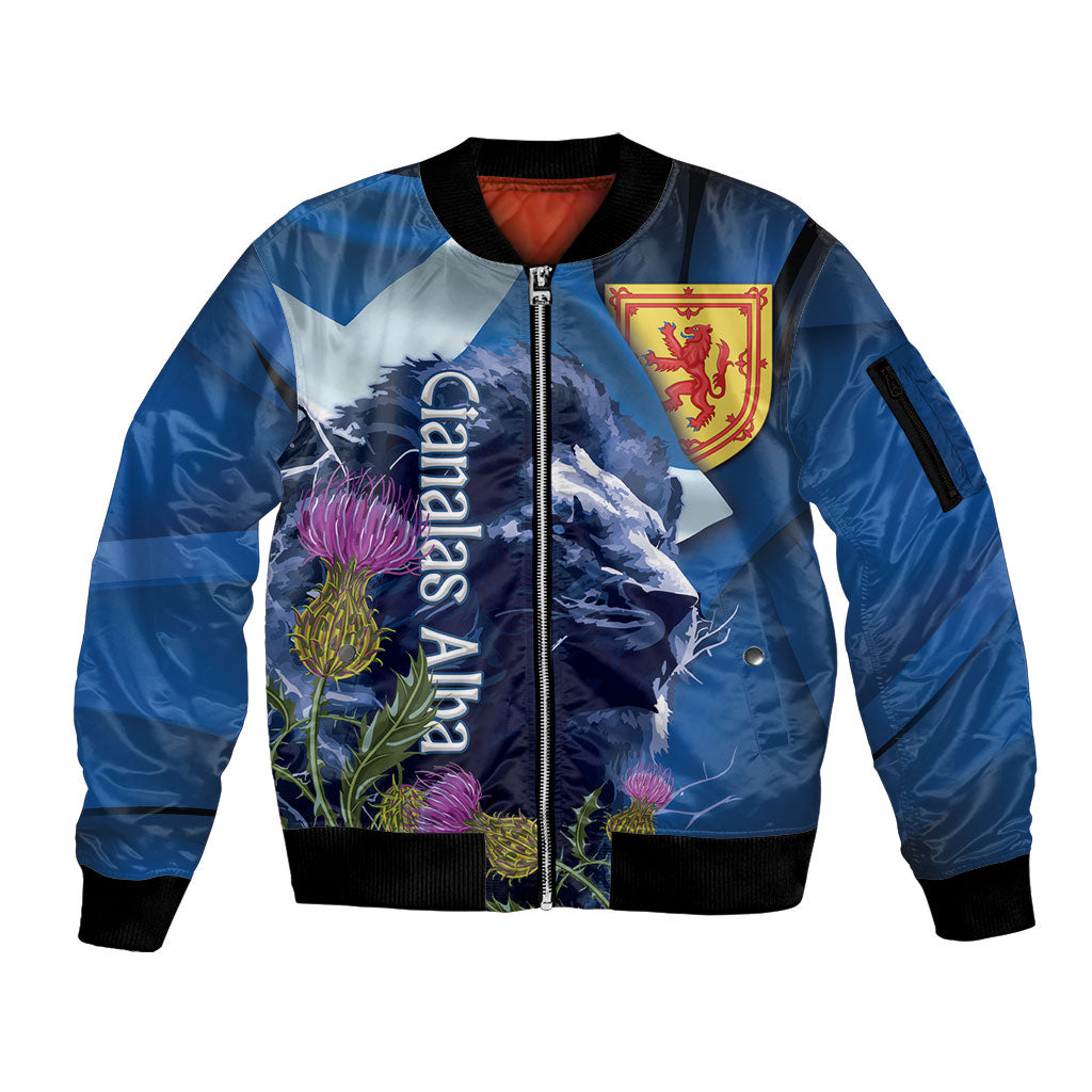 Cianalas Alba Scotland Sleeve Zip Bomber Jacket Scottish Lion and Thistle Blue Version