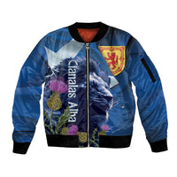 Cianalas Alba Scotland Sleeve Zip Bomber Jacket Scottish Lion and Thistle Blue Version