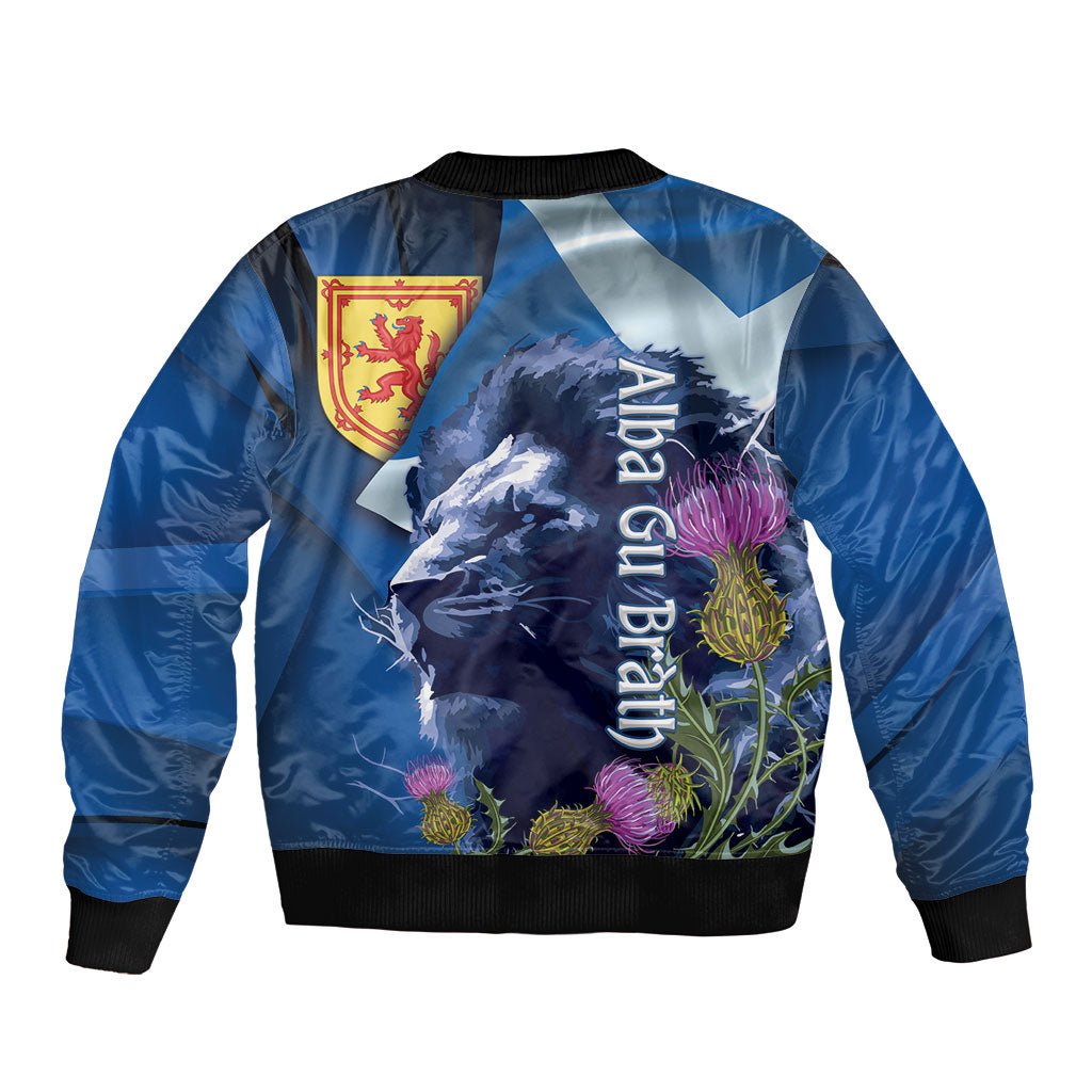 Cianalas Alba Scotland Sleeve Zip Bomber Jacket Scottish Lion and Thistle Blue Version