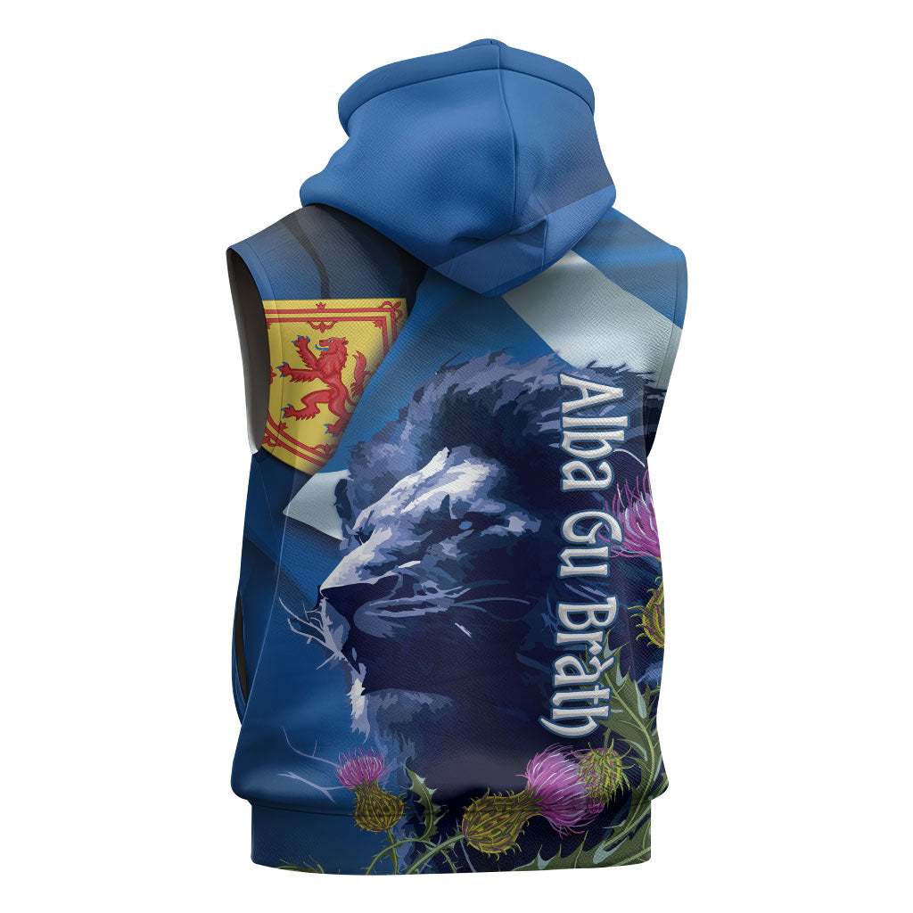 Cianalas Alba Scotland Sleeveless Hoodie Scottish Lion and Thistle Blue Version