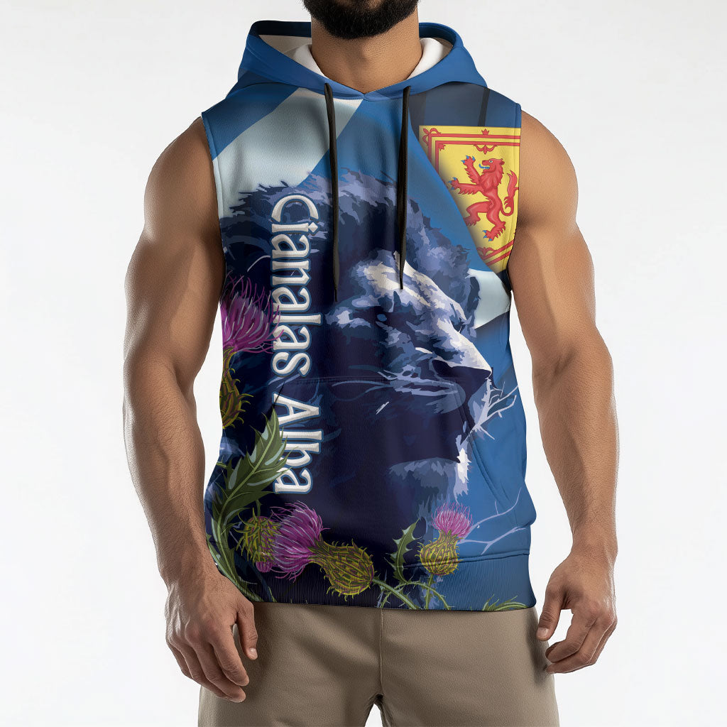 Cianalas Alba Scotland Sleeveless Hoodie Scottish Lion and Thistle Blue Version