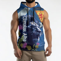 Cianalas Alba Scotland Sleeveless Hoodie Scottish Lion and Thistle Blue Version
