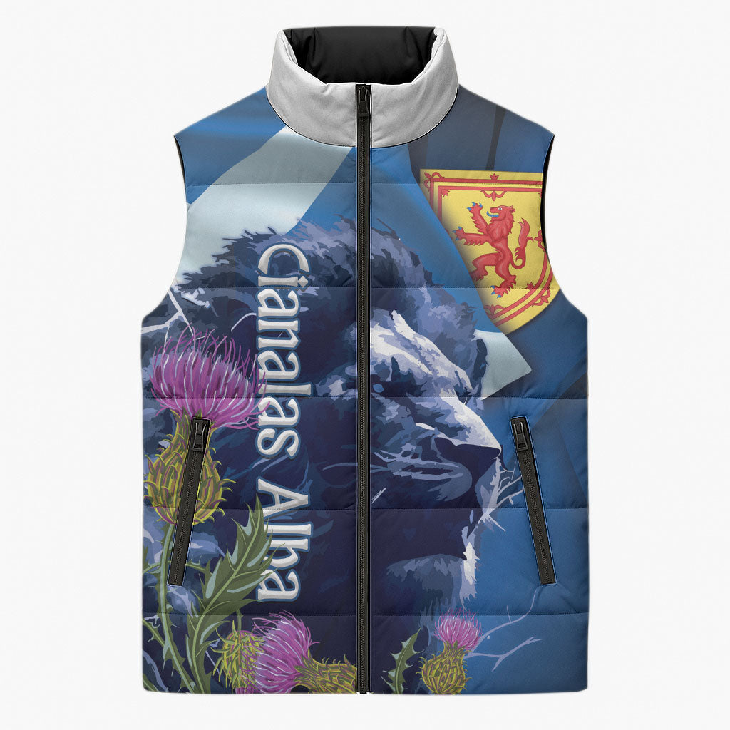 Cianalas Alba Scotland Sleeveless Puffer Jacket Scottish Lion and Thistle Blue Version