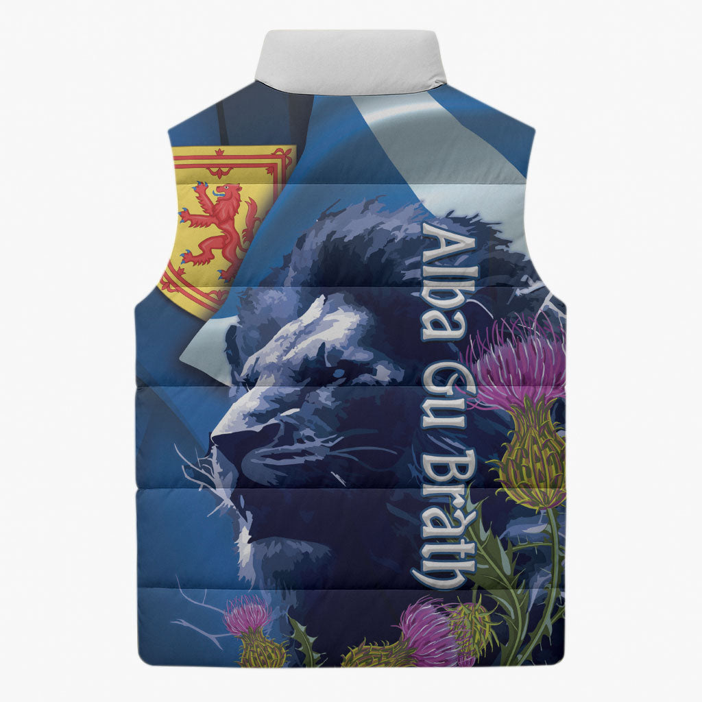 Cianalas Alba Scotland Sleeveless Puffer Jacket Scottish Lion and Thistle Blue Version