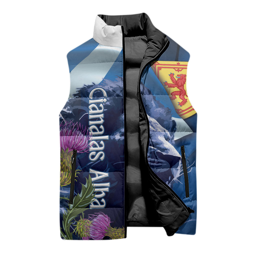 Cianalas Alba Scotland Sleeveless Puffer Jacket Scottish Lion and Thistle Blue Version