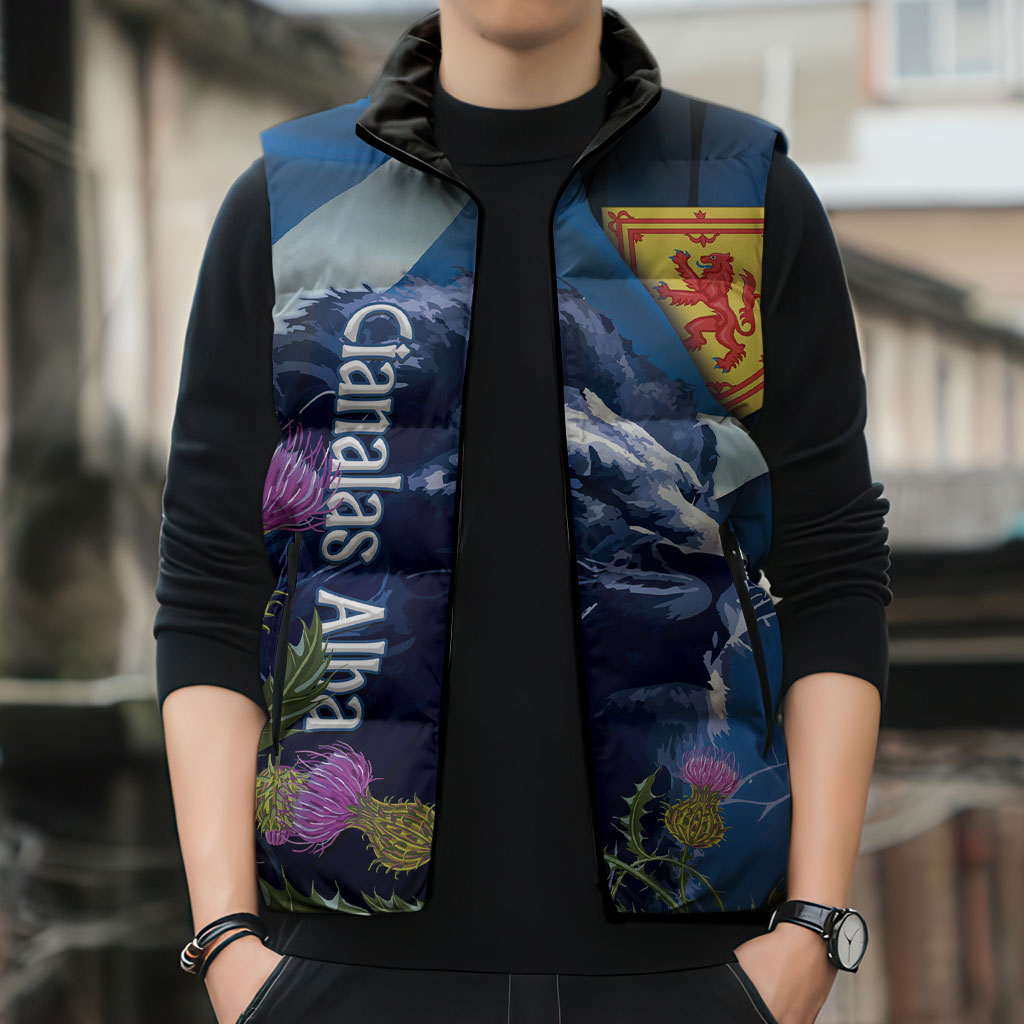 Cianalas Alba Scotland Sleeveless Puffer Jacket Scottish Lion and Thistle Blue Version