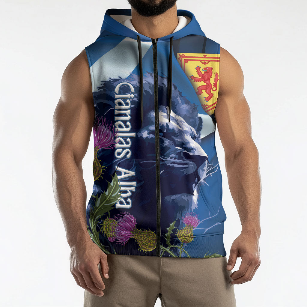 Cianalas Alba Scotland Sleeveless Zip Hoodie Scottish Lion and Thistle Blue Version