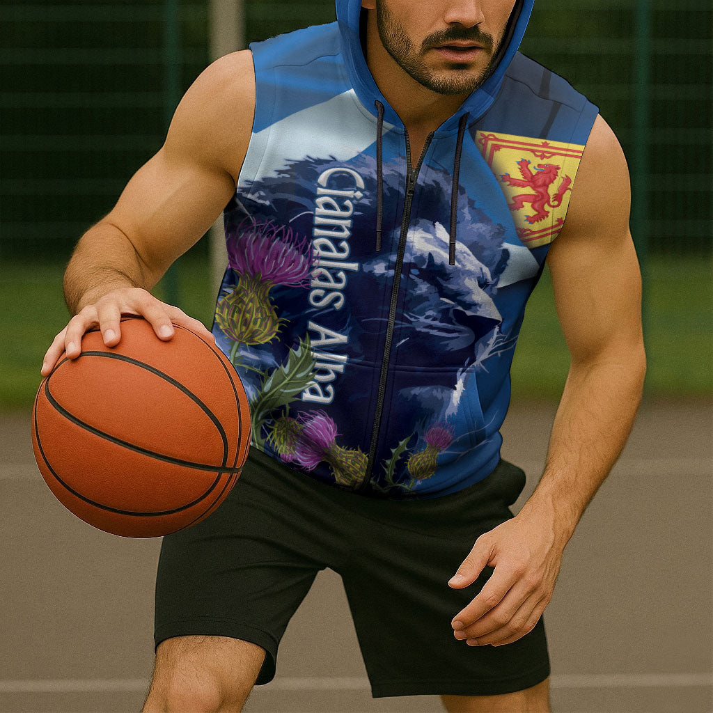 Cianalas Alba Scotland Sleeveless Zip Hoodie Scottish Lion and Thistle Blue Version