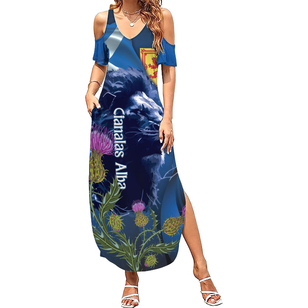 Cianalas Alba Scotland Summer Maxi Dress Scottish Lion and Thistle Blue Version