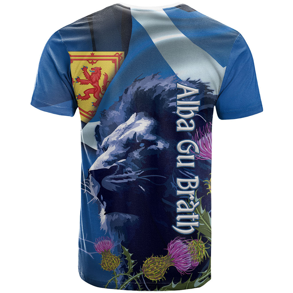 Cianalas Alba Scotland T Shirt Scottish Lion and Thistle Blue Version