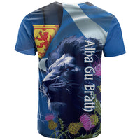 Cianalas Alba Scotland T Shirt Scottish Lion and Thistle Blue Version