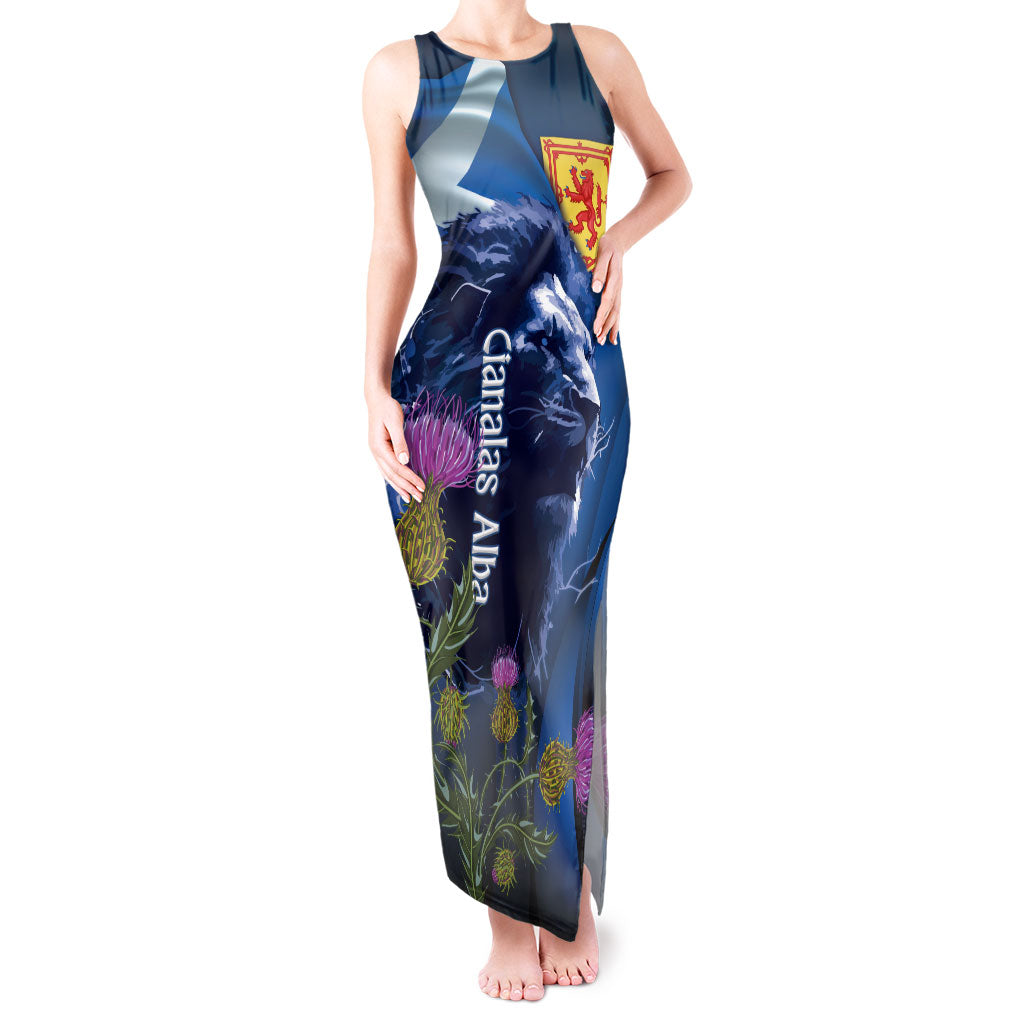 Cianalas Alba Scotland Tank Maxi Dress Scottish Lion and Thistle Blue Version